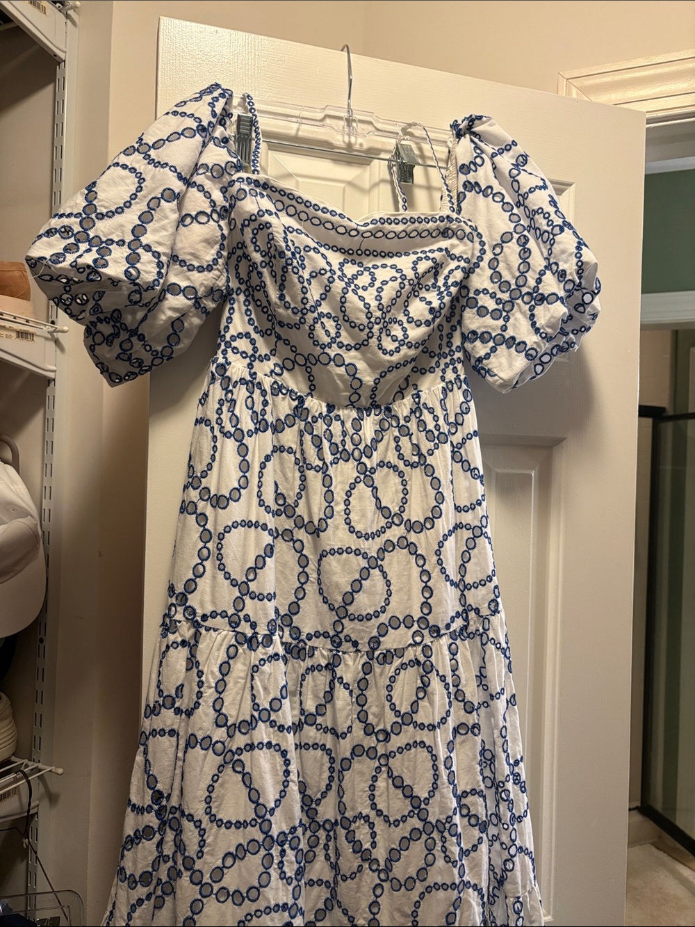 Anthropologie White Maxi Dress with Blue Bead-Loop Print